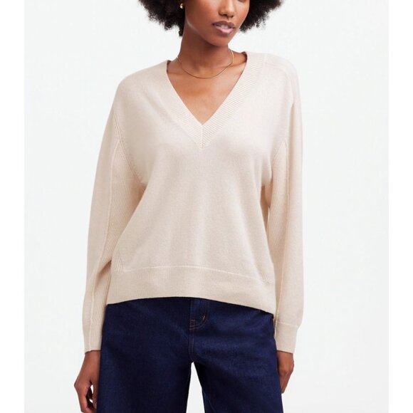 Madewell Cashmere NWOT V Neck Sweater in Heather Oat Beige Size Medium - Picture 1 of 9